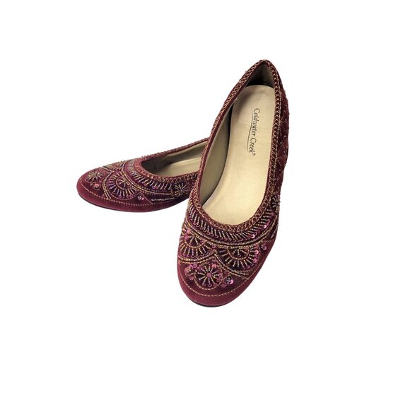 Coldwater Creek Embroidered Burgundy Velvet Flats Women's Shoes Size 10 - Picture 1 of 8